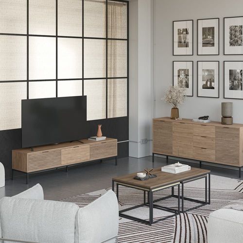 Meuble Tv Avec 3 Tiroirs Et Pieds En Métal L180 Cm - Effet Bois Clair