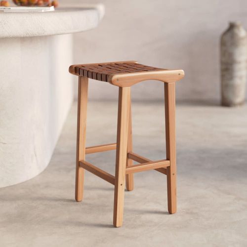 Tabouret Pour Îlot Central 68 Cm En Teck Et Cuir Tressé Marron