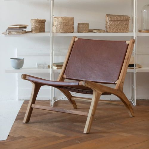 Fauteuil En Teck Et Cuir Lisse Marron