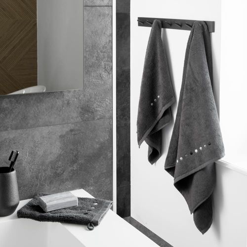 Serviette De Toilette Coton Bouclette Brodé Gris 50 X 90 Cm
