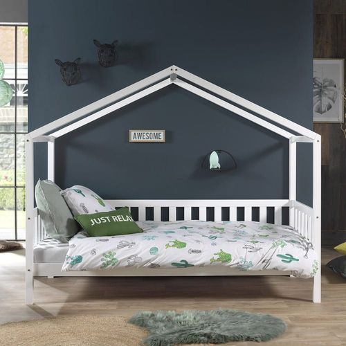 Lit Maison À Barrières 90x200cm Pin Blanc + Matelas