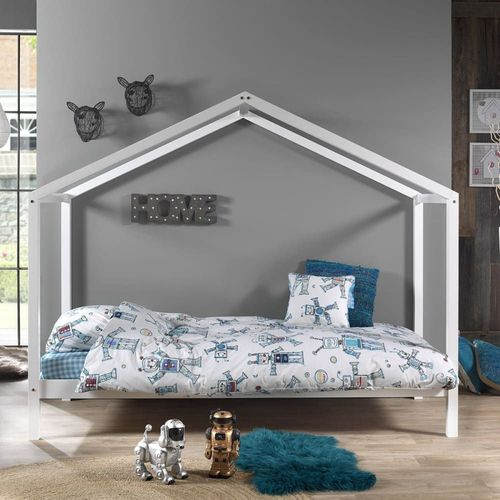 Lit Maison 90x200cm En Pin Massif Blanc Avec Matelas