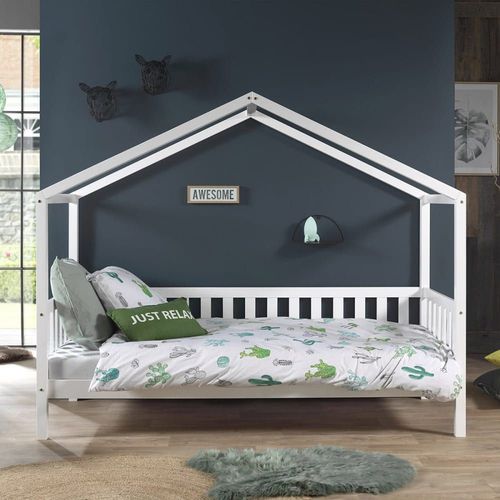 Lit Maison À Barrières 90x200cm Pin Massif Blanc