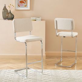 Tabouret De Bar En Velours Côtelé Beige Piètement Chromé