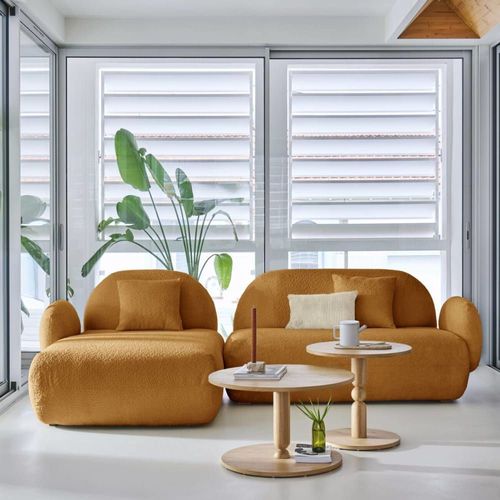 Canapé Angle Gauche 5 Places En Tissu Bouclette Ocre