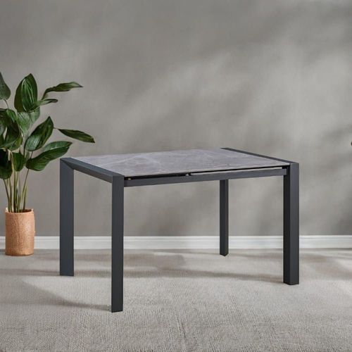 Table Repas Allongeable Plateau Céramique Marbré Gris Pieds Métal Gri