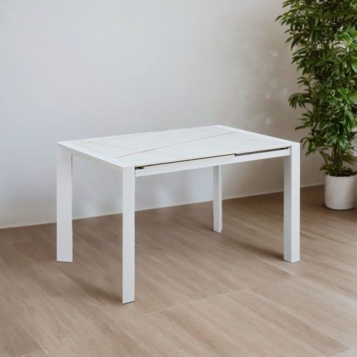 Table Repas Allongeable Plateau Céramique Marbré Blanc Pieds Métal Bl