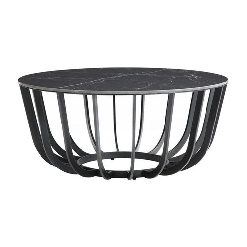 Table Basse Ronde Plateau Céramique Marbré Cadre Métal Gris Anthracit