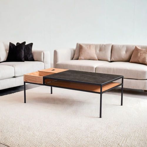 Table Basse Effet Chêne Céramique Et Métal Noir