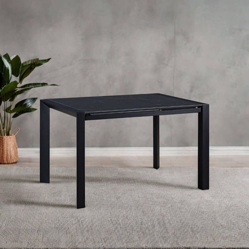 Table Repas Allongeable Plateau Céramique Marbré Noir Pieds Métal Gri