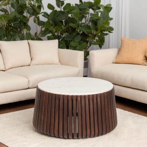 Table Basse En Marbre Blanc Et Socle En Manguier Teinté Noyer