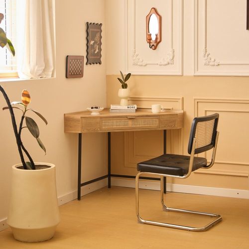 Bureau D'angle En Bois Et Rotin 1 Tiroir