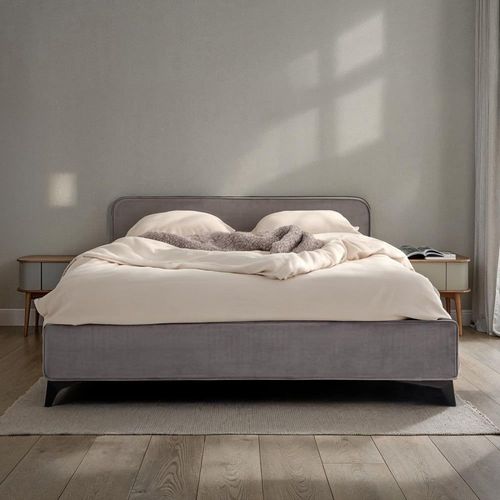Lit Double En Tissu Peau De Pêche, Gris, Avec Sommier, 140 X 190 Cm