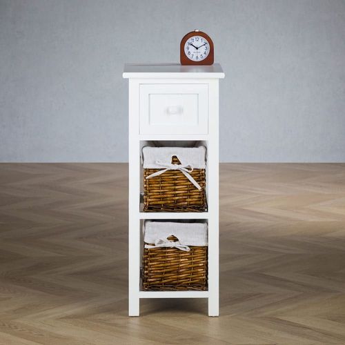 Table De Chevet 1 Tiroir 2 Paniers En Osier, Blanc