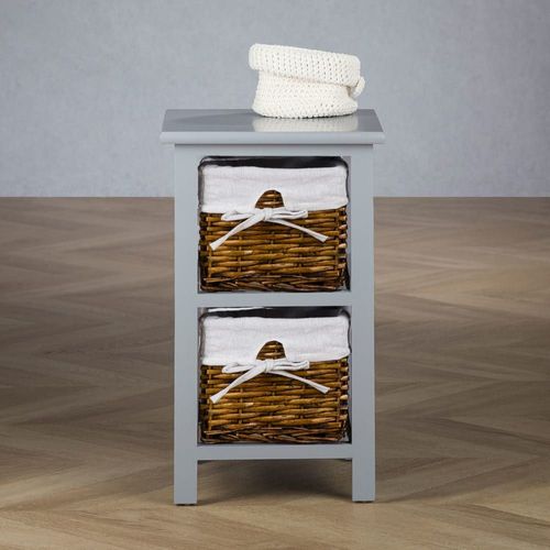 Table De Chevet Avec 2 Paniers En Osier, Gris