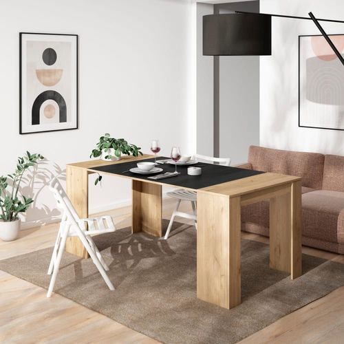 Console Extensible Effet Bois De Chêne Et Noir 140x90x77cm
