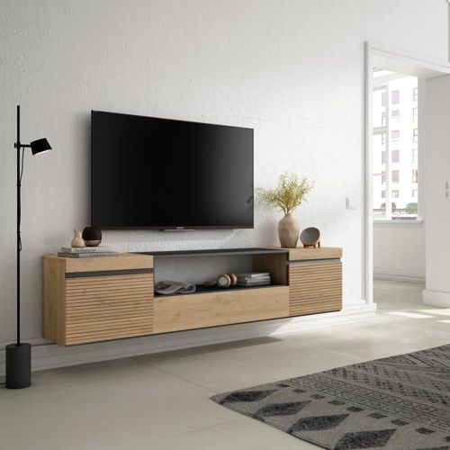 Meuble Tv Effet Bois De Chêne 200x35x45cm Suspendu
