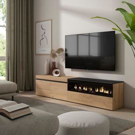 Meuble Tv Effet Bois De Chêne Et Noir 200x35x45cm Cheminée Effet Feu