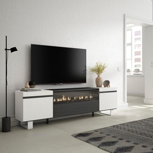 Meuble Tv Effet Bois Blanc Et Noir 200x35x57cm Cheminée Effet Feu