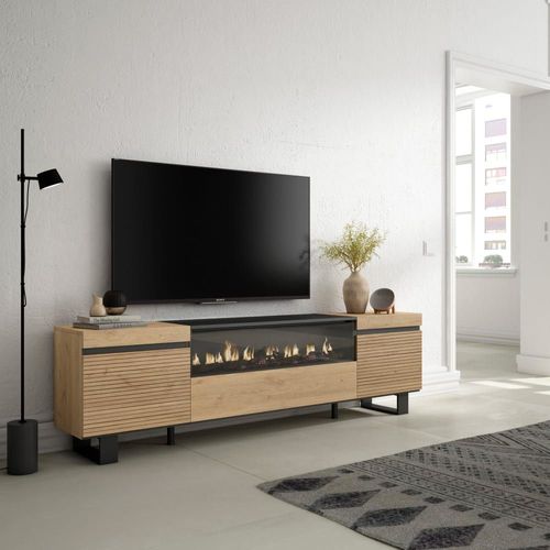 Meuble Tv Effet Bois De Chêne 200x35x57cm Cheminée Effet Feu