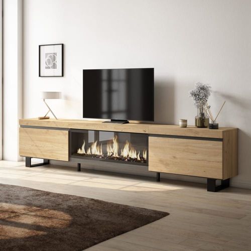 Meuble Tv Effet Bois De Chêne 267x35x57cm Cheminée Effet Feu Xxl