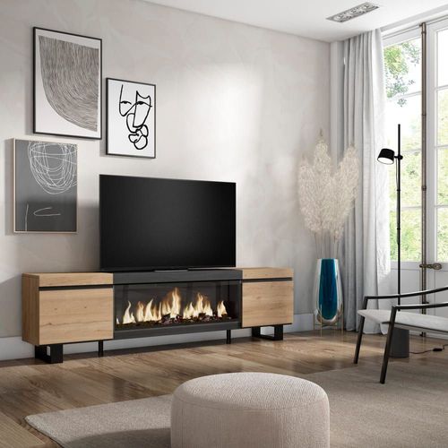 Meuble Tv Effet Bois De Chêne Et Noir 208x35x57 Cheminée Effet Feu Xxl