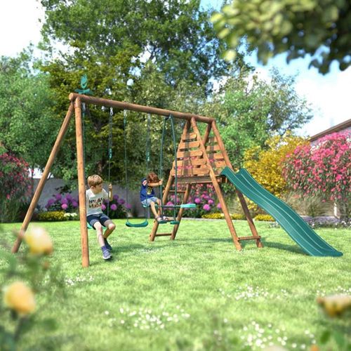 Balançoire En Bois Traité 3 Agrès Et Toboggan
