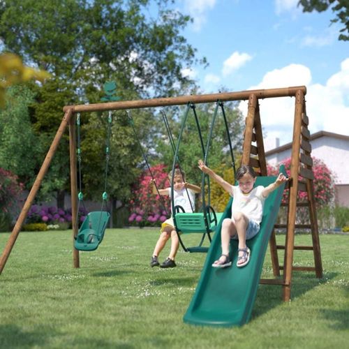 Balançoire En Bois Traité 3 Agrès Et Toboggan