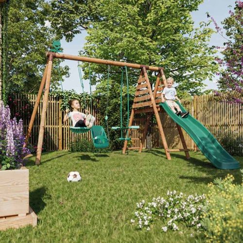 Balançoire En Bois Traité 3 Agrès Et Toboggan