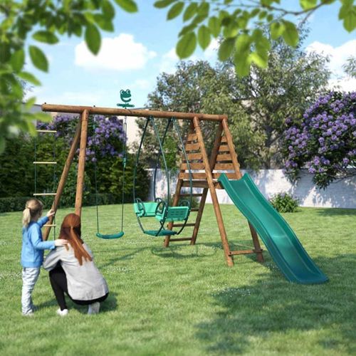 Balançoire En Bois Traité 3 Agrès Et Toboggan