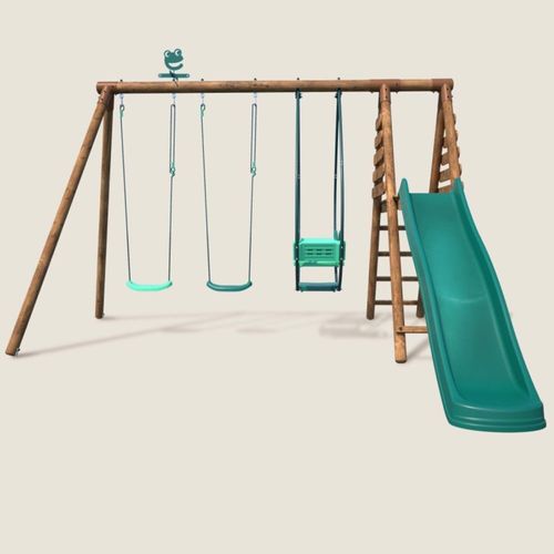 Balançoire En Bois Traité 3 Agrès Et Toboggan