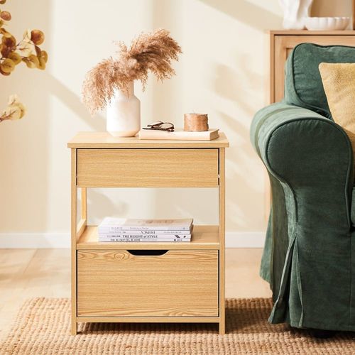 Table De Chevet Avec 2 Tiroirs Et 1 Étagère De Rangement Effet Bois