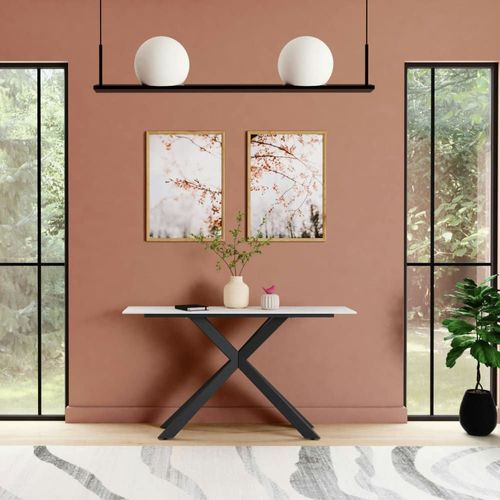 Console Design En Céramique Blanche Marbrée Pied Mikado L135 Cm