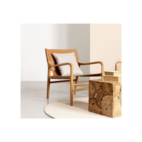 Fauteuil Lounge À Accoudoirs En Bois Teck Et Cuir Pleine Fleur Cognac