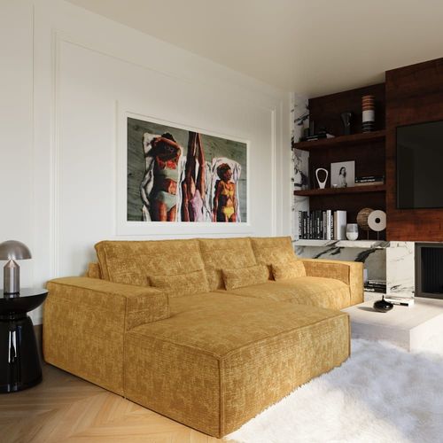 Canapé Angle Gauche Convertible Express 5 Places Velours Moutarde