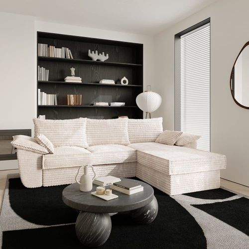 Canapé D'angle Droit Convertible Velours Côtelé Xxl Crème 257cm