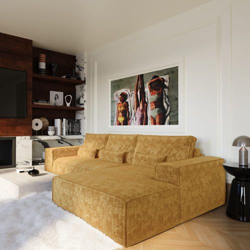 Canapé Angle Droit Convertible Express 5 Places Velours Moutarde