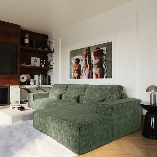 Canapé Angle Droit Convertible Express 5 Places Velours Vert Émeraude