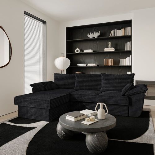 Canapé D'angle Gauche Convertible Velours Côtelé Xxl Noir 257cm
