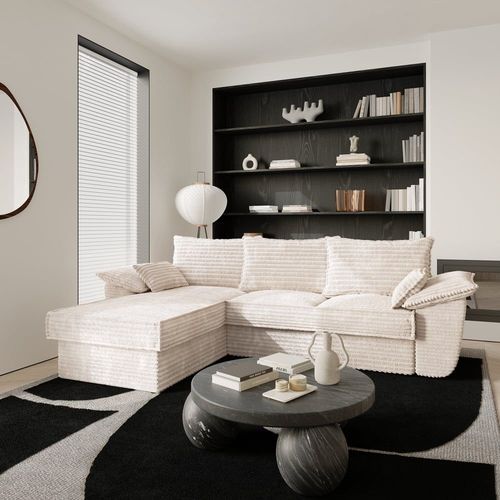 Canapé D'angle Gauche Convertible Velours Côtelé Xxl Crème 257cm