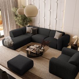 Canapé 5 Places Grand Angle Gauche Bouclette Anthracite Foncé