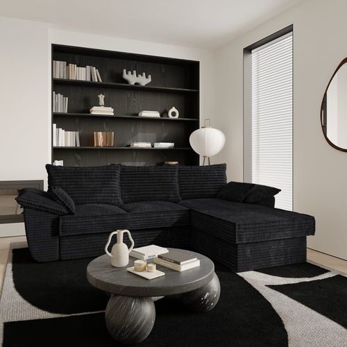 Canapé D'angle Droit Convertible Velours Côtelé Xxl Noir 257cm