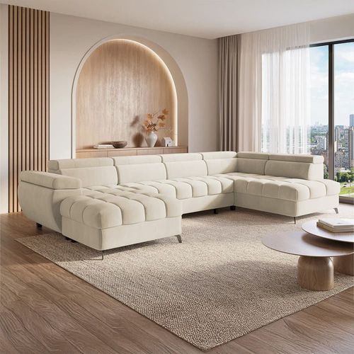 Canapé Panoramique 8 Places En Velours Beige