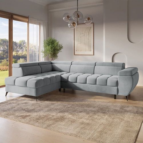 Canapé D'angle Convertible 5 Places En Velours Gris