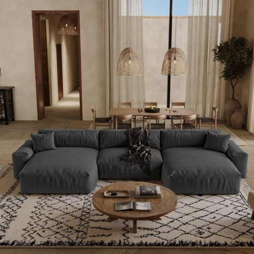 Canapé Panoramique 6 Places En Tissu Tramé Doux Anthracite Foncé