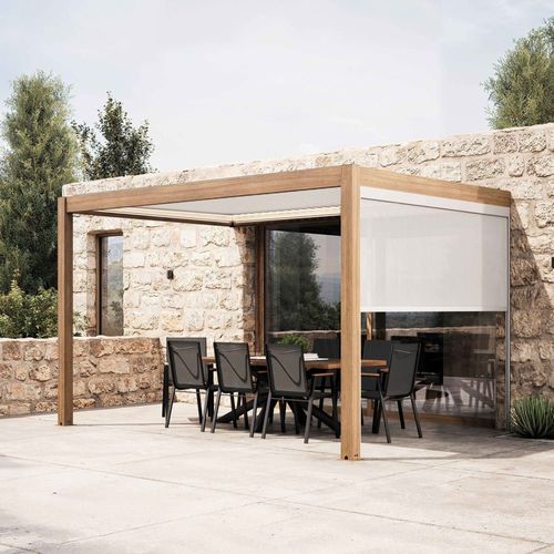 Pergola Bioclimatique Adossée 3x4m Et 1 Store Bois Blanc