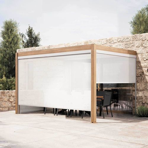Pergola Bioclimatique Adossée 3x4m Et 3 Stores Bois Blanc