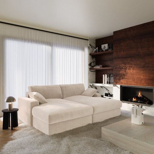 Canapé Modulable 4 Places En Velours Beige