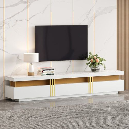 Meuble Tv Moderne Blanc Doré Effet Marbre Avec Trois Tiroirs 200x40x42