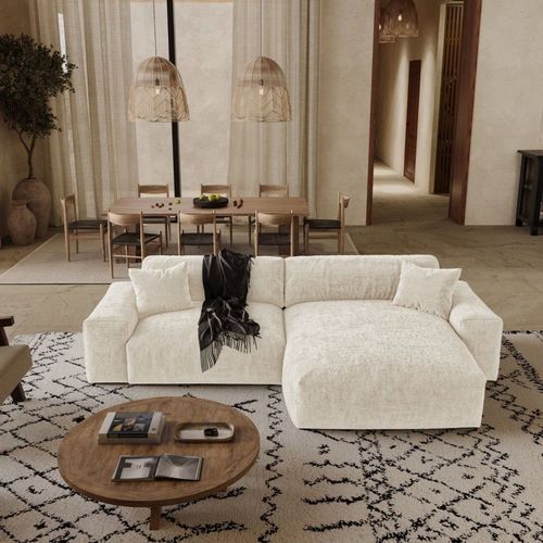 Canapé D'angle Droit 4 Places En Velours Gaufré Beige